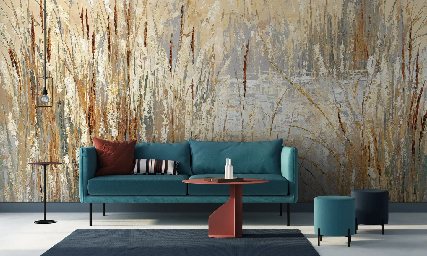 Wzór fototapety RUSTIC CANVAS - tapeta z beżowymi źdźbłami traw na jasnym tle pokazanej w aranżacji salonu.