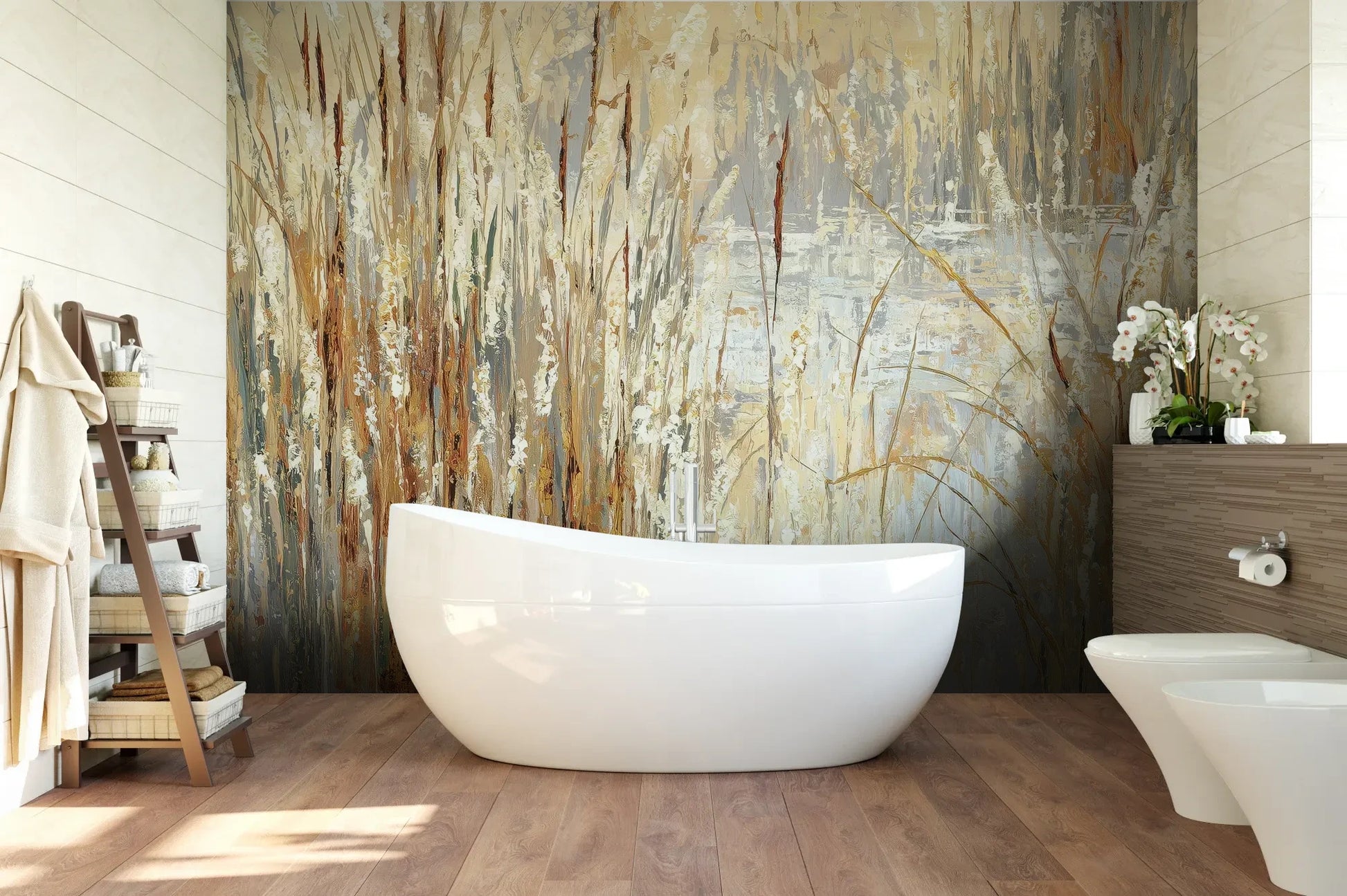 Wzór fototapety RUSTIC CANVAS - tapeta z beżowymi źdźbłami traw na jasnym tle pokazanej w aranżacji łazienki.
