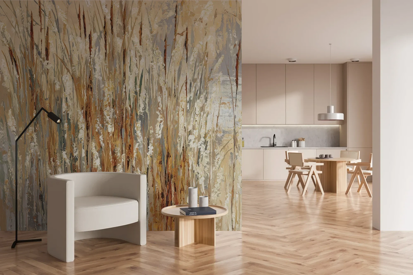 Wzór fototapety RUSTIC CANVAS - tapeta z beżowymi źdźbłami traw na jasnym tle pokazanej w aranżacji kuchni.