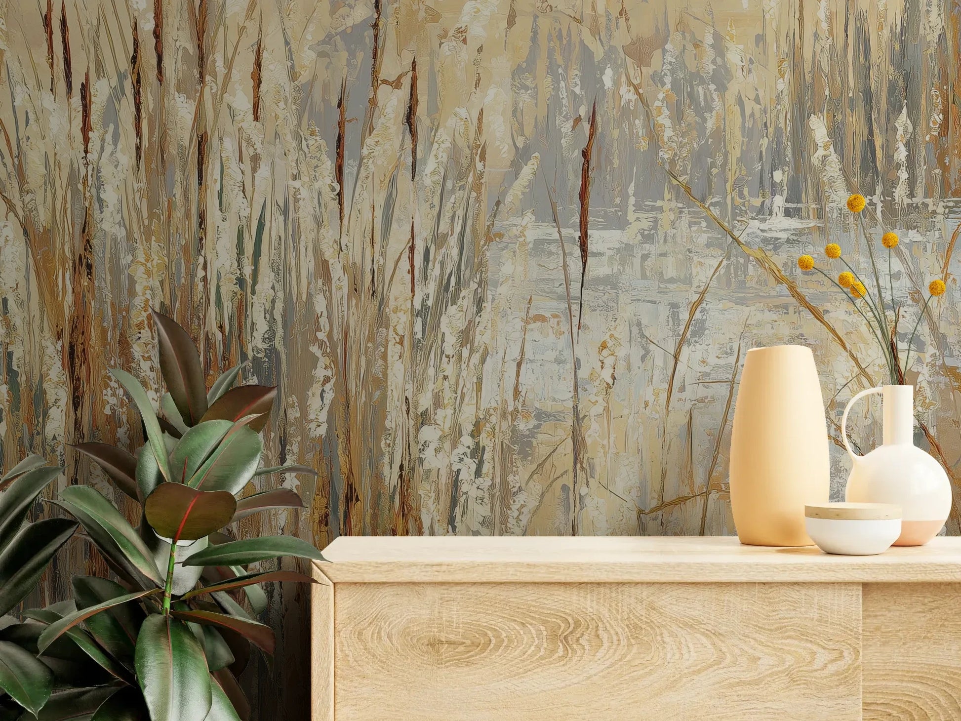 Fototapeta RUSTIC CANVAS - tapeta z beżowymi źdźbłami traw na jasnym tle pokazana w aranżacji wnętrza z akcentem na ścianie.