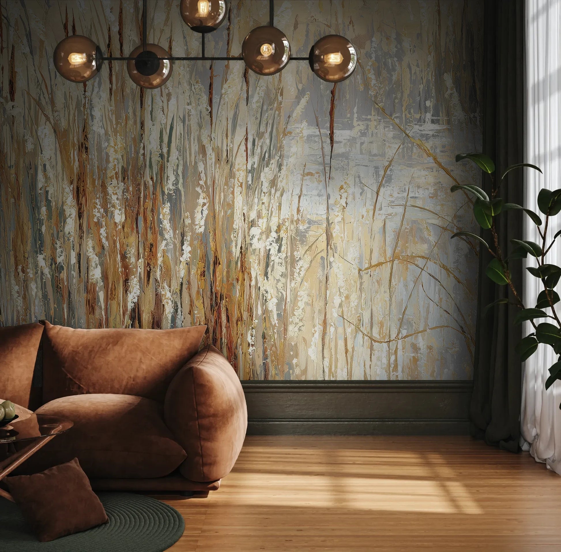 Fototapeta RUSTIC CANVAS - tapeta z beżowymi źdźbłami traw na jasnym tle pokazana w aranżacji wnętrza z akcentem na ścianie.