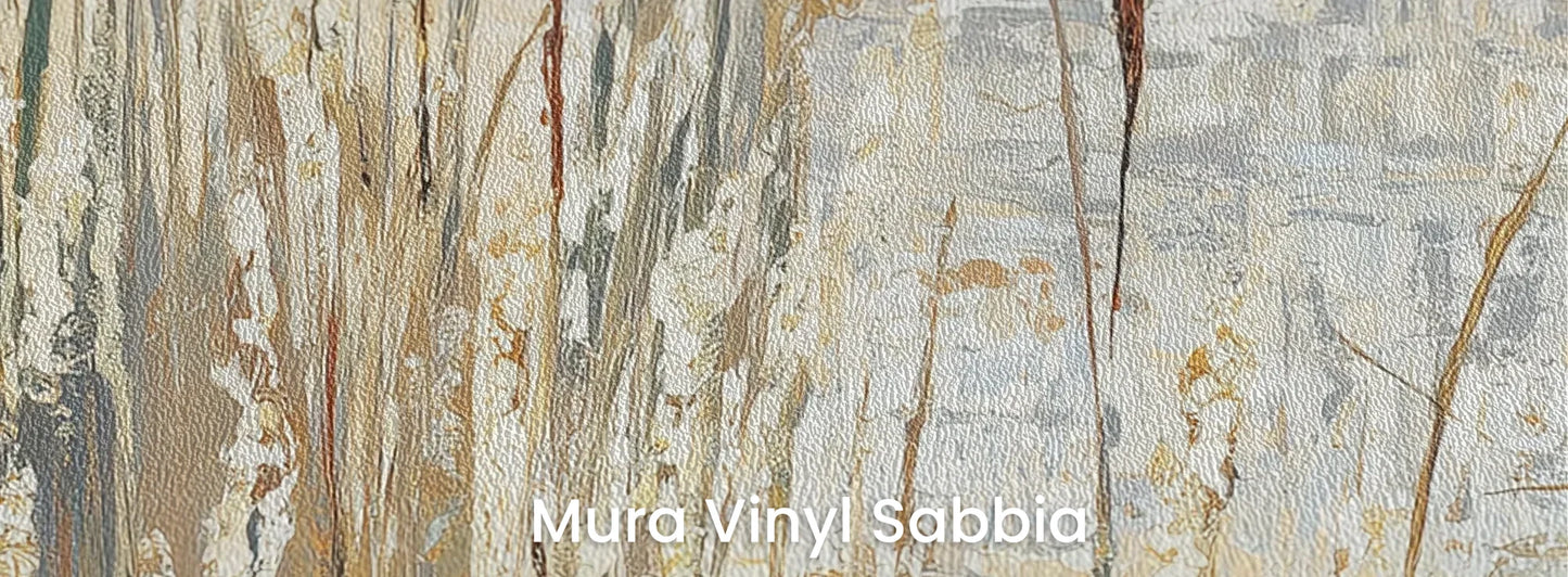 Zbliżenie na fototapetę RUSTIC CANVAS - tapeta z beżowymi źdźbłami traw na jasnym tle na podłożu o strukturze ziarna piasku.