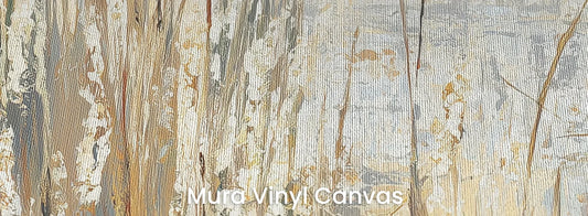 Zbliżenie na fototapetę RUSTIC CANVAS - tapeta z beżowymi źdźbłami traw na jasnym tle na podłożu o fakturze płótna.