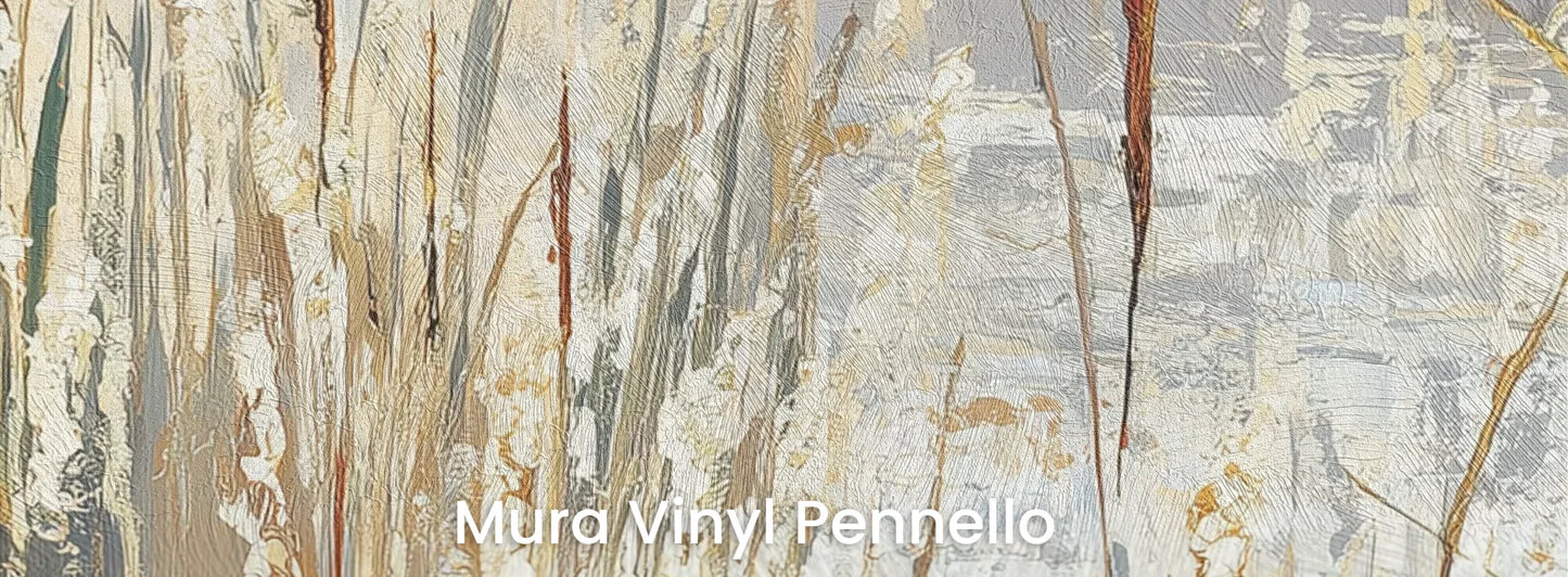 Zbliżenie na fototapetę RUSTIC CANVAS - tapeta z beżowymi źdźbłami traw na jasnym tle na podłożu o fakturze pociągnięć pędzla.