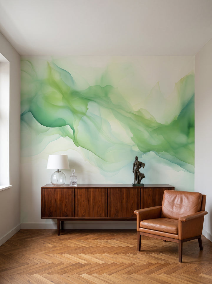 Fototapeta artystyczna o nazwie Światło Leśne w aranżacji wnętrza: salon kolekcjonera w stylu mid-century modern.