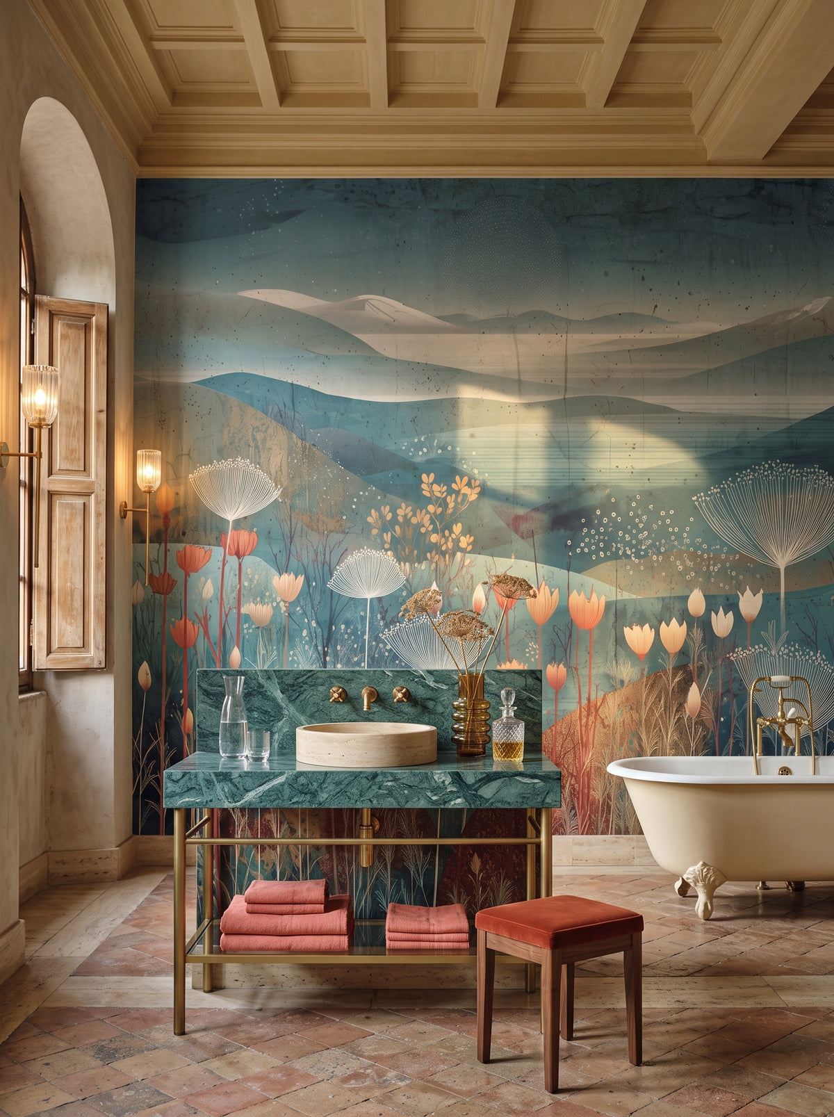 Papier peint panoramique artistique « ETHEREAL VALLEYS » dans un intérieur : salle de bains dans un palazzo romain.
