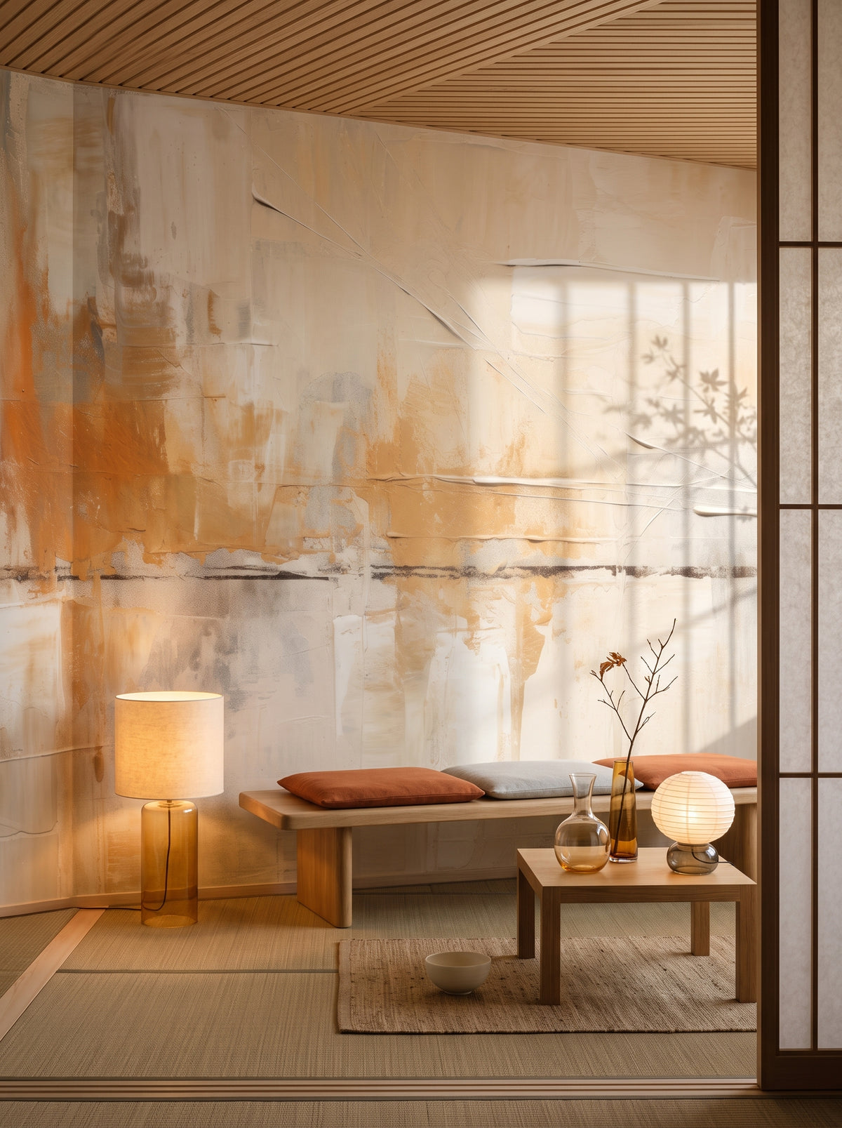 Künstlerische Fototapete „Serene Patchwork“ im Interieur: Lounge in einem Hotelkorridor in Kyoto.