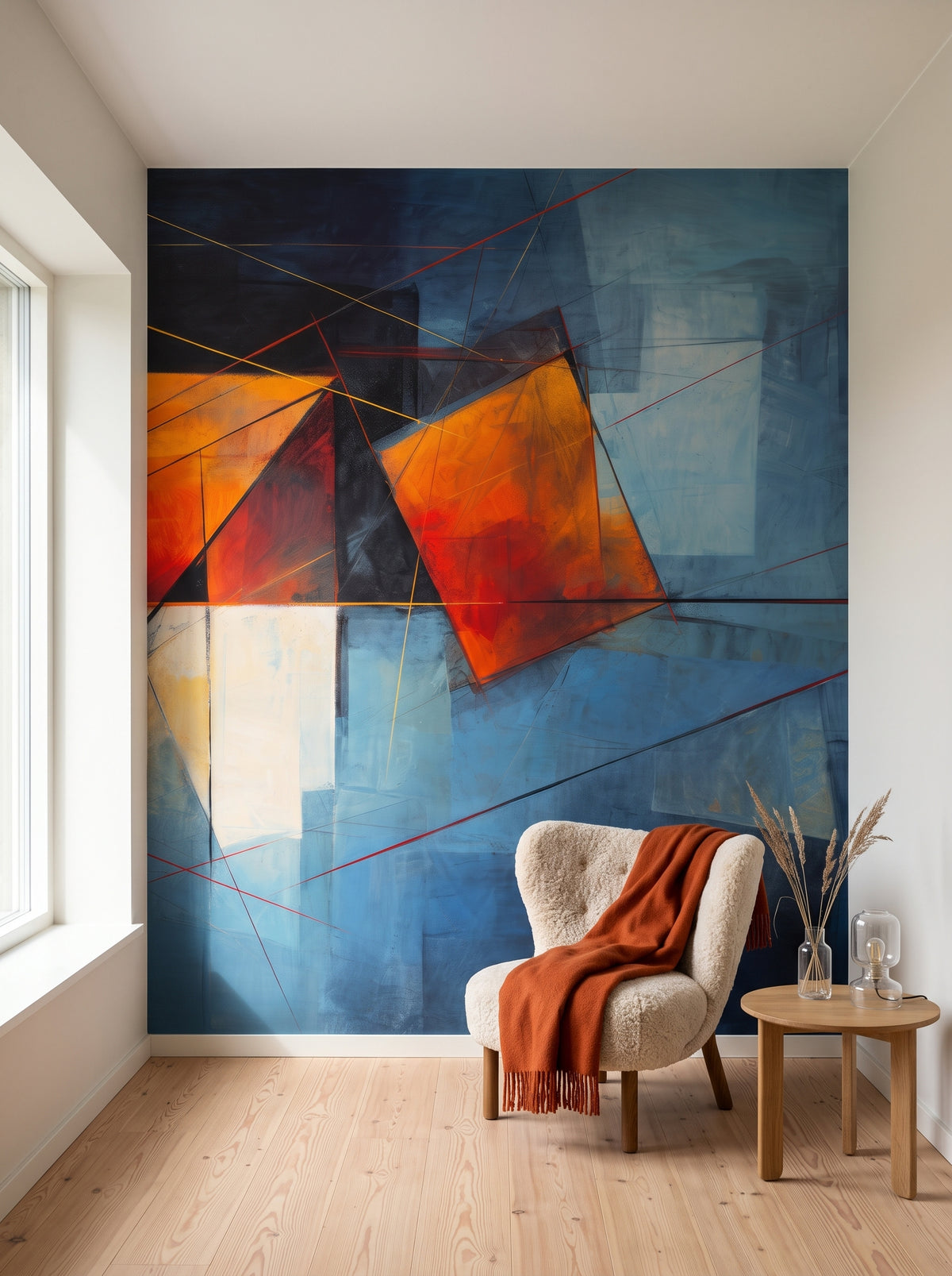 Fototapeta artystyczna o nazwie Sunset Geometry w aranżacji wnętrza: kącik do czytania w skandynawskiej willi.