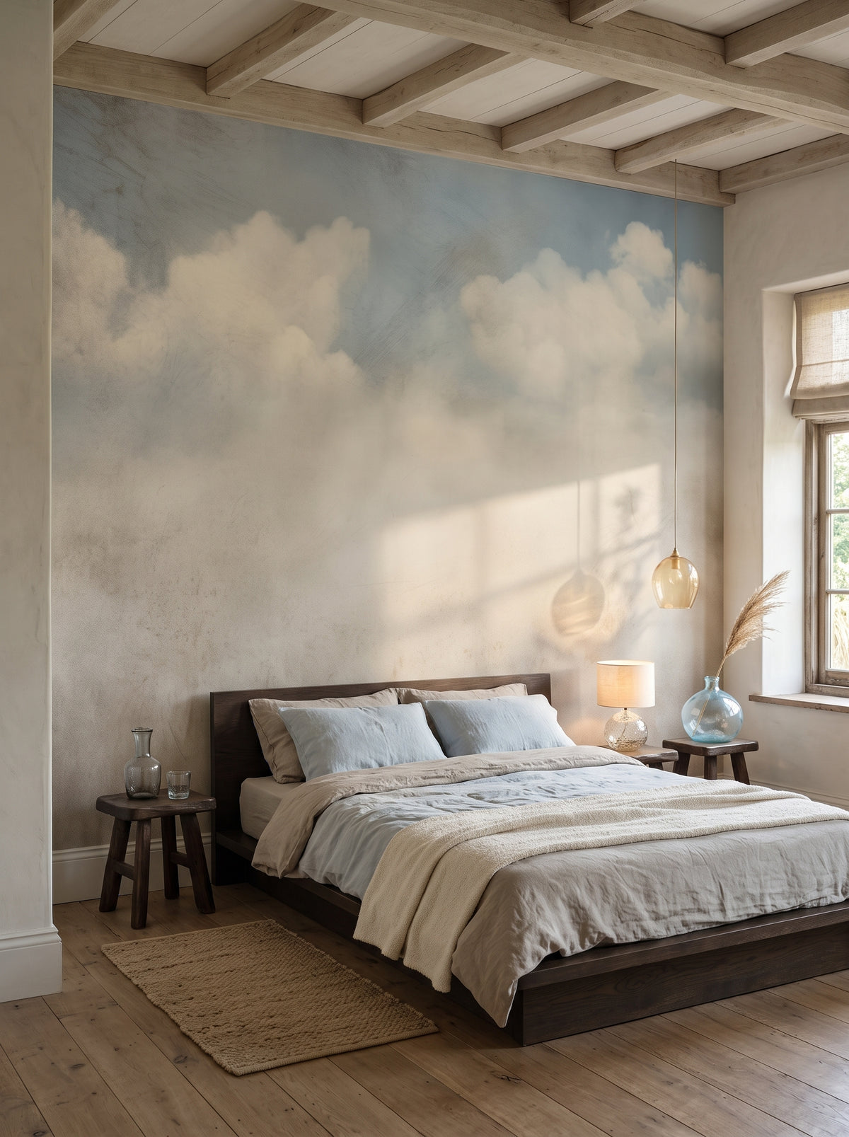 Fototapeta artystyczna o nazwie SERENE CUMULUS VISTA w aranżacji wnętrza: sypialnia wabi-sabi w wiejskim domu z tynkiem wapiennym.