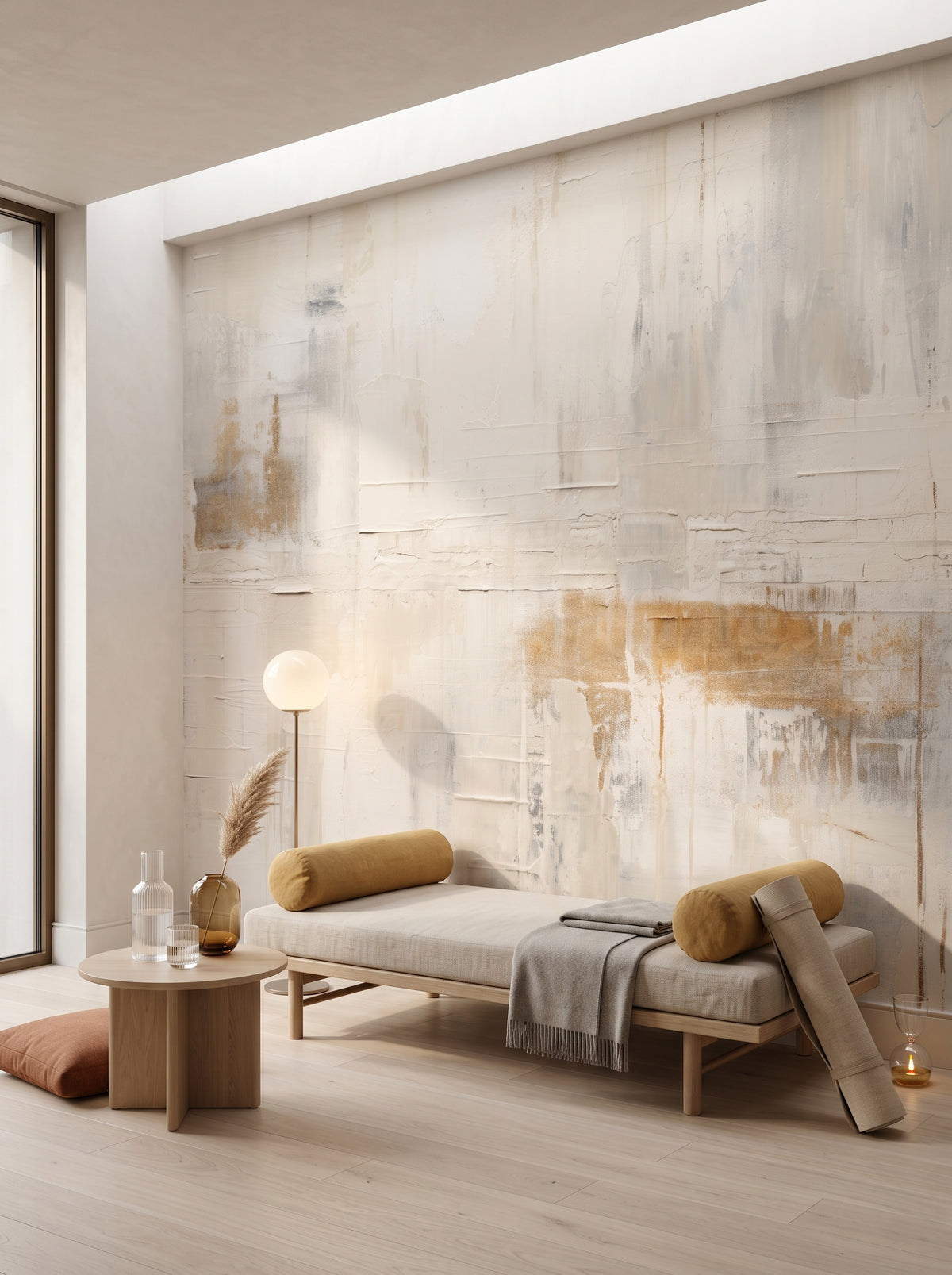 Papier peint panoramique artistique « Reflective Echo » dans un intérieur : salle de bien-être privée dans une résidence moderne.