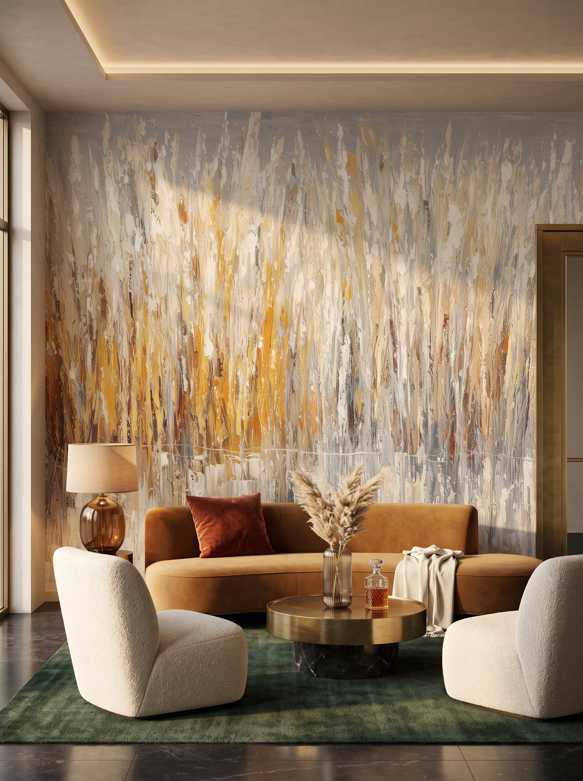 Fototapeta artystyczna o nazwie WINDSWEPT GOLD w aranżacji wnętrza: lobby lounge butikowego hotelu designerskiego.
