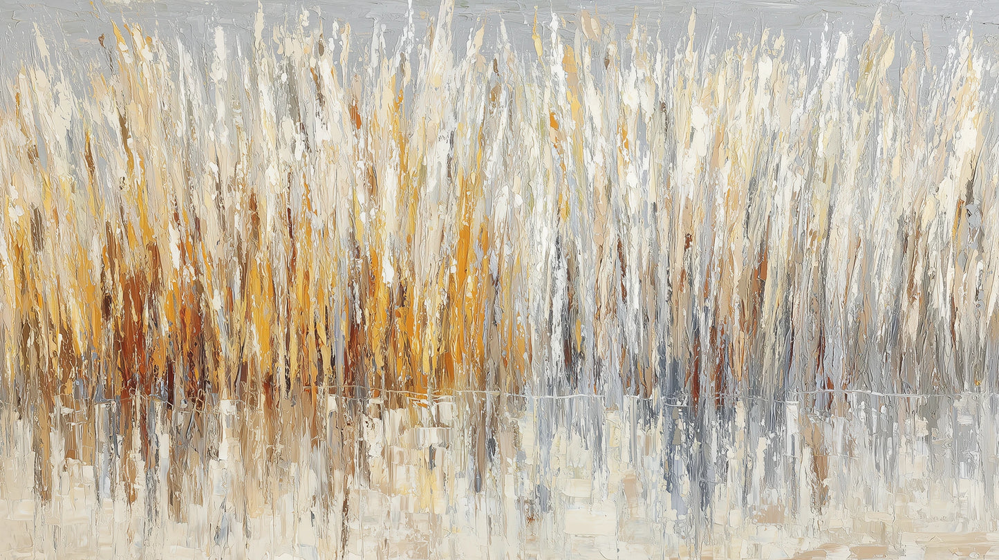 Prezentacja całego wzoru fototapety o nazwie WINTER CATTAILS - tapeta z abstrakcyjną trawą w zimowej palecie