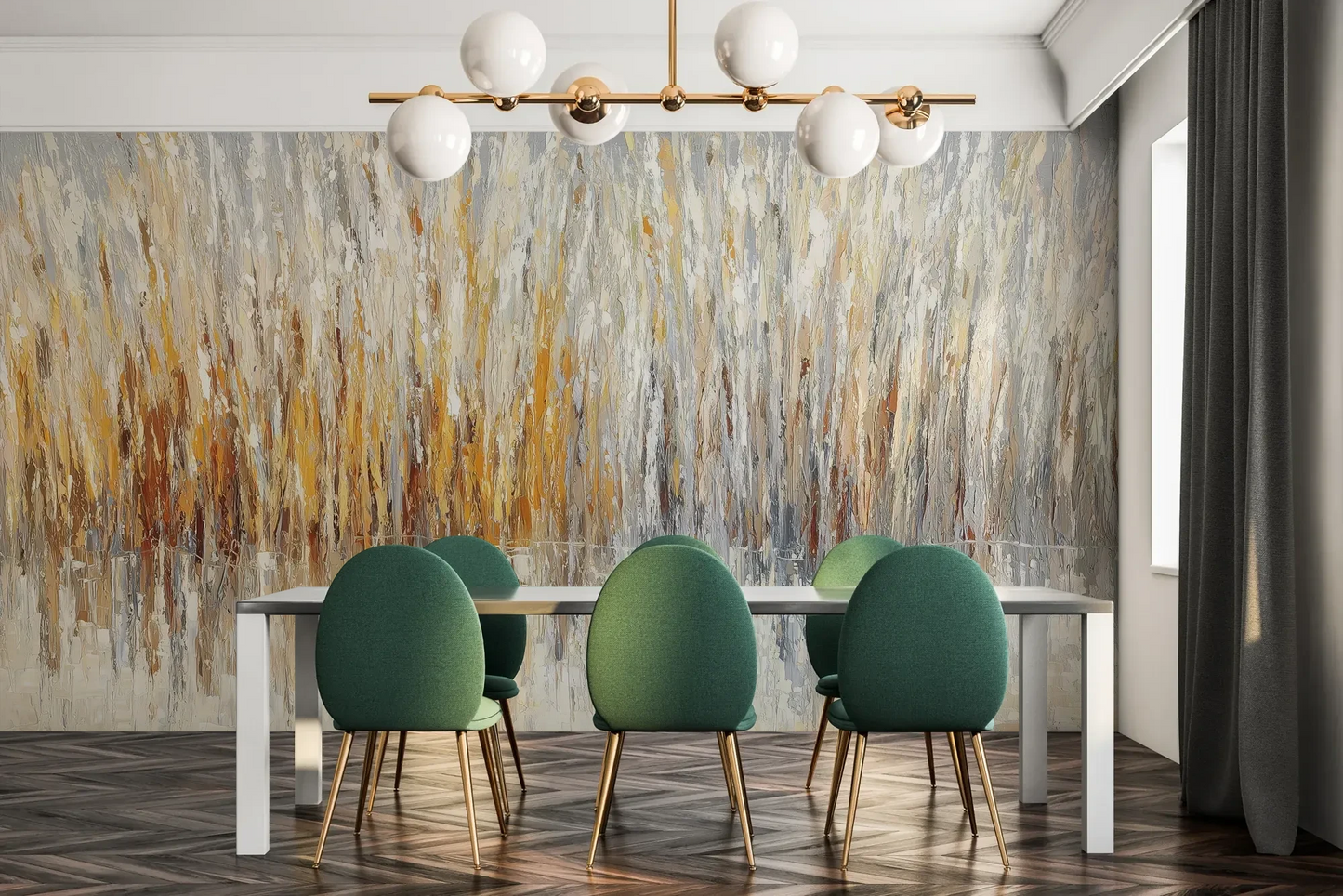 Fototapeta WINTER CATTAILS - tapeta z abstrakcyjną trawą w zimowej palecie pokazana w aranżacji jadalni.