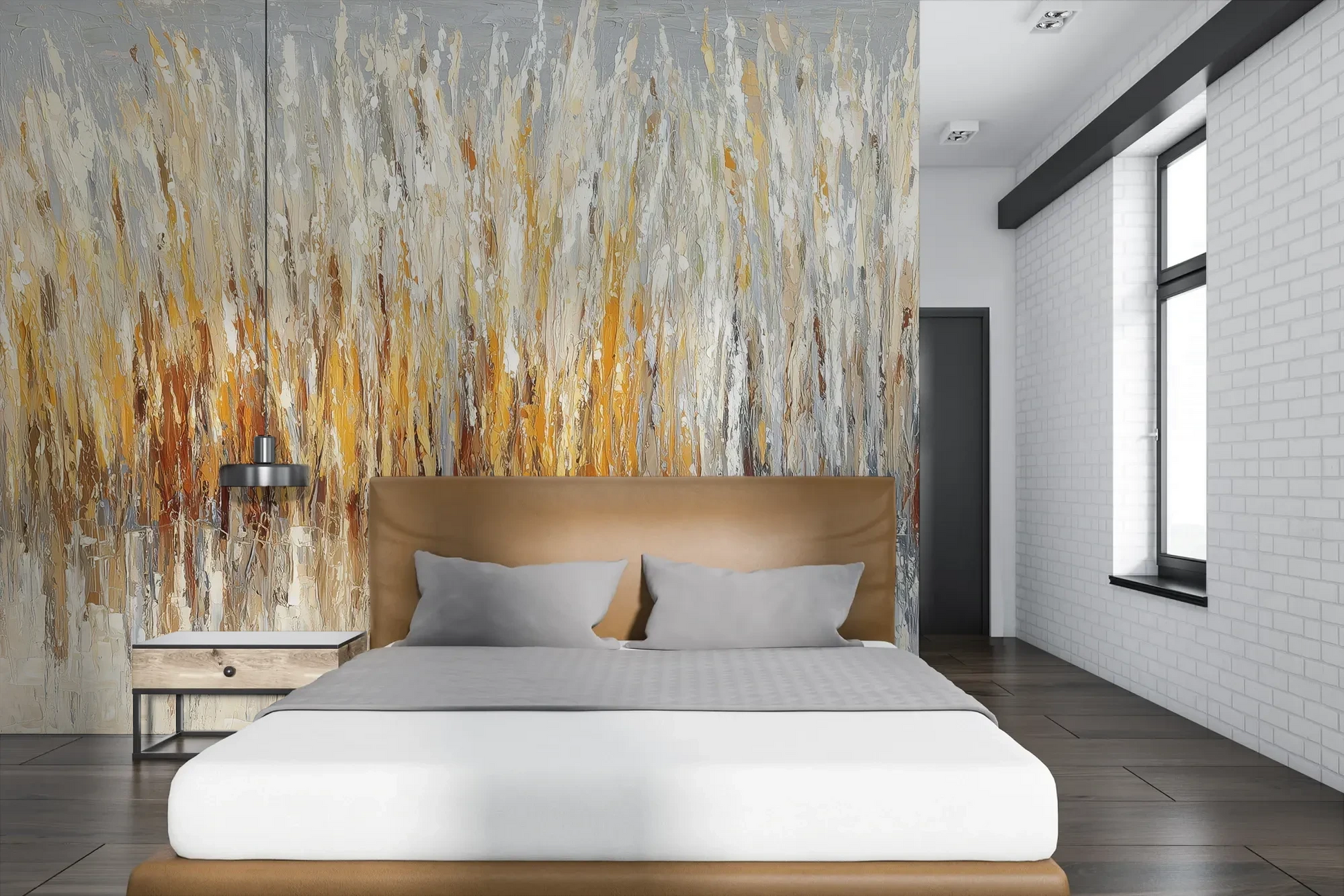 Wzór fototapety WINTER CATTAILS - tapeta z abstrakcyjną trawą w zimowej palecie pokazanej w aranżacji sypialni.