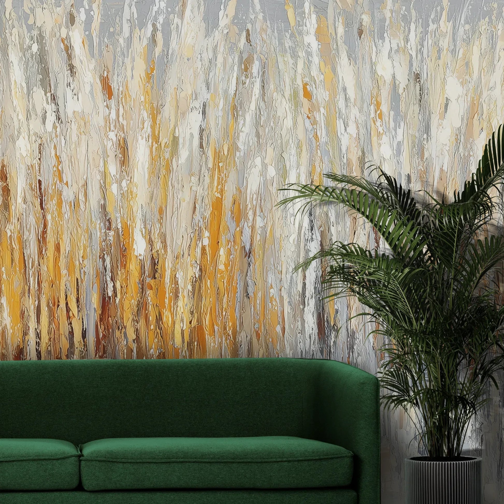 Fototapeta WINTER CATTAILS - tapeta z abstrakcyjną trawą w zimowej palecie pokazana w aranżacji wnętrza z akcentem na ścianie.