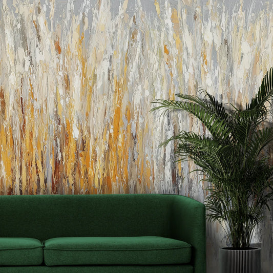 Fototapeta WINTER CATTAILS - tapeta z abstrakcyjną trawą w zimowej palecie pokazana w aranżacji wnętrza z akcentem na ścianie.