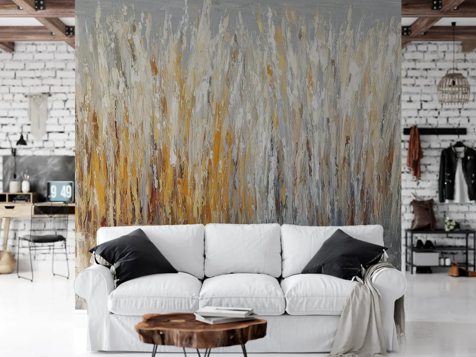 Wzór fototapety WINTER CATTAILS - tapeta z abstrakcyjną trawą w zimowej palecie pokazanej w aranżacji salonu.