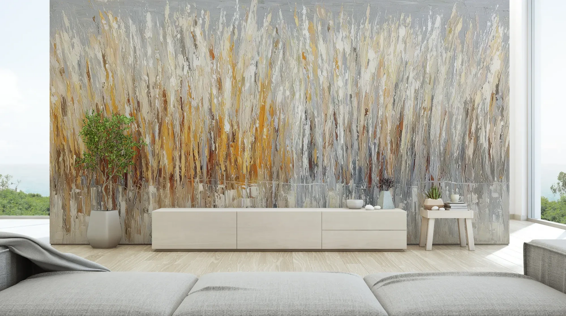 Wzór fototapety WINTER CATTAILS - tapeta z abstrakcyjną trawą w zimowej palecie pokazanej w aranżacji salonu.