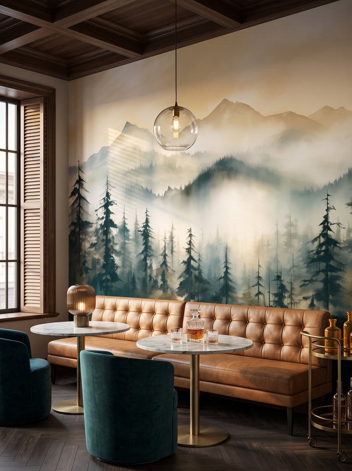 Fototapeta artystyczna o nazwie Shadowed Valley w aranżacji wnętrza: bar lounge w butikowym hotelu.