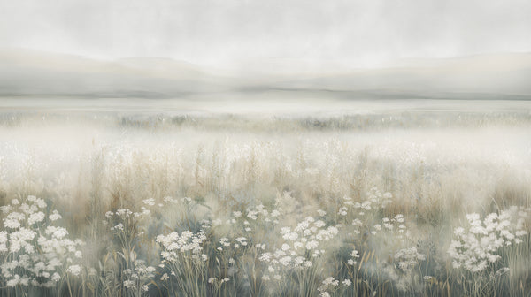 PRÉ MURMURÉE - un papier peint de prairie dans des tons beige brumeux avec une perspective subtile