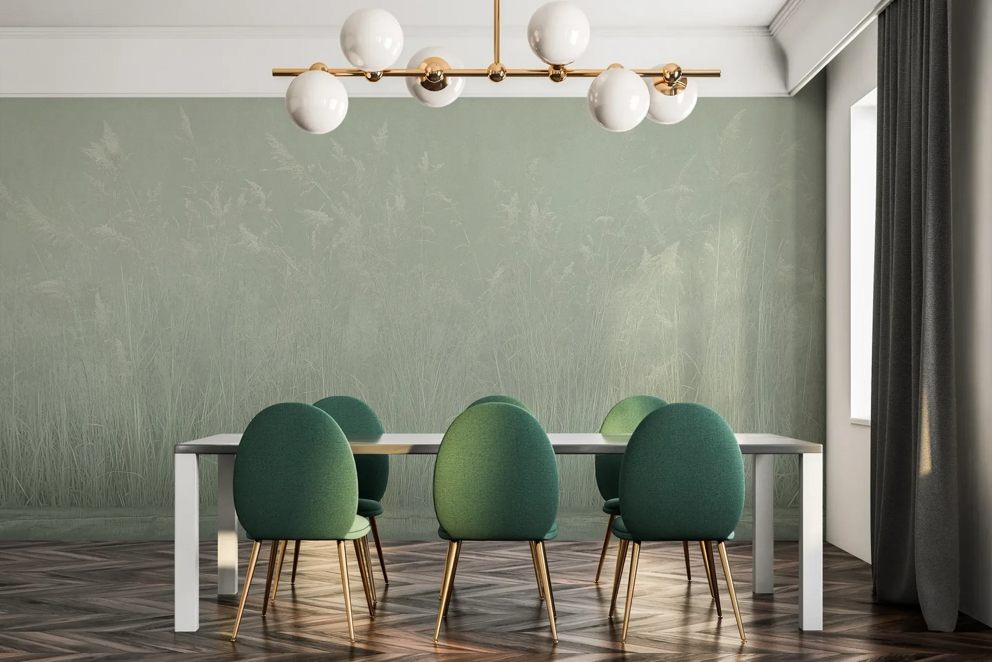 Fototapeta SILENT SHORE - tapeta z mglistą trawą w szarej tonacji pokazana w aranżacji jadalni.