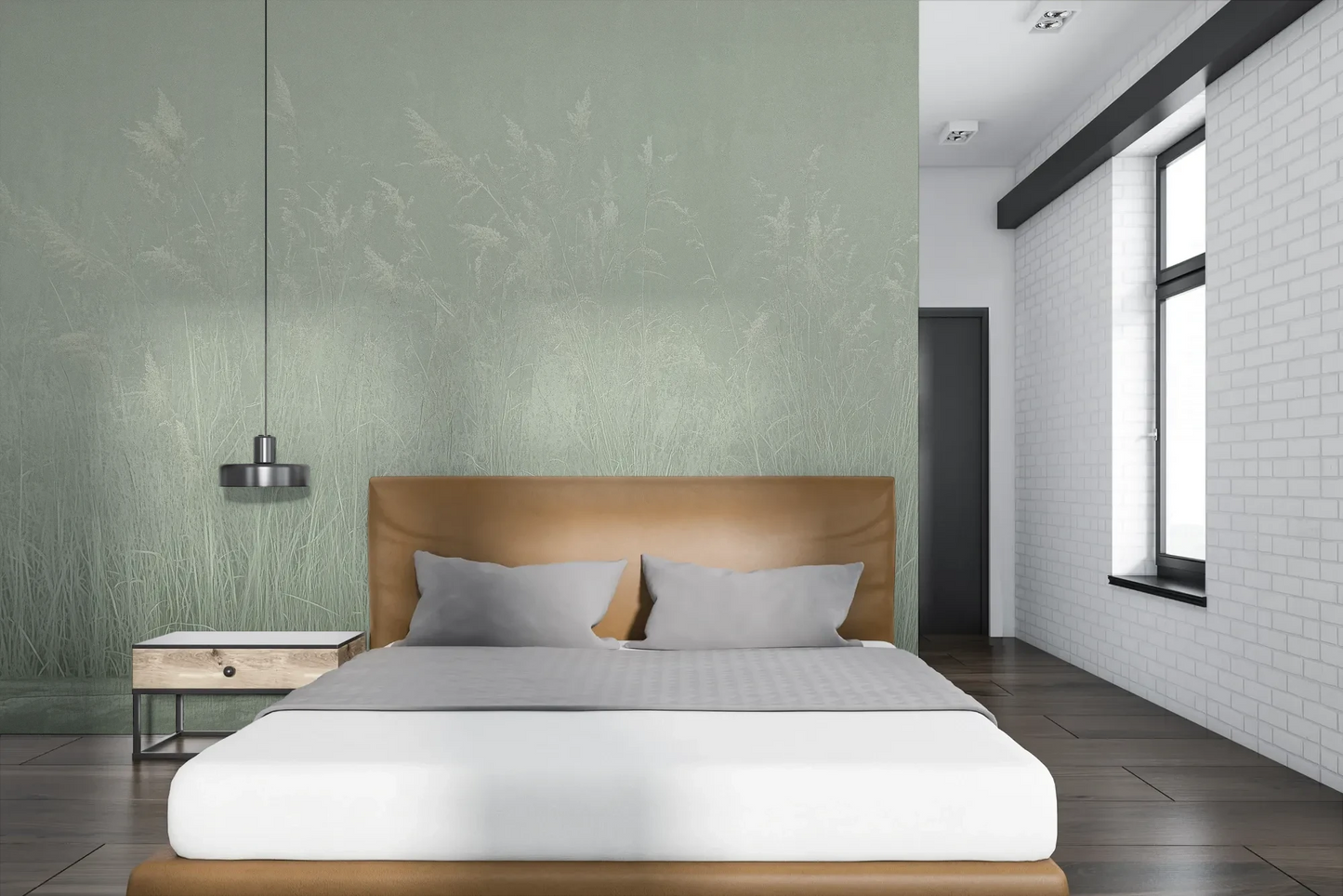 Wzór fototapety SILENT SHORE - tapeta z mglistą trawą w szarej tonacji pokazanej w aranżacji sypialni.