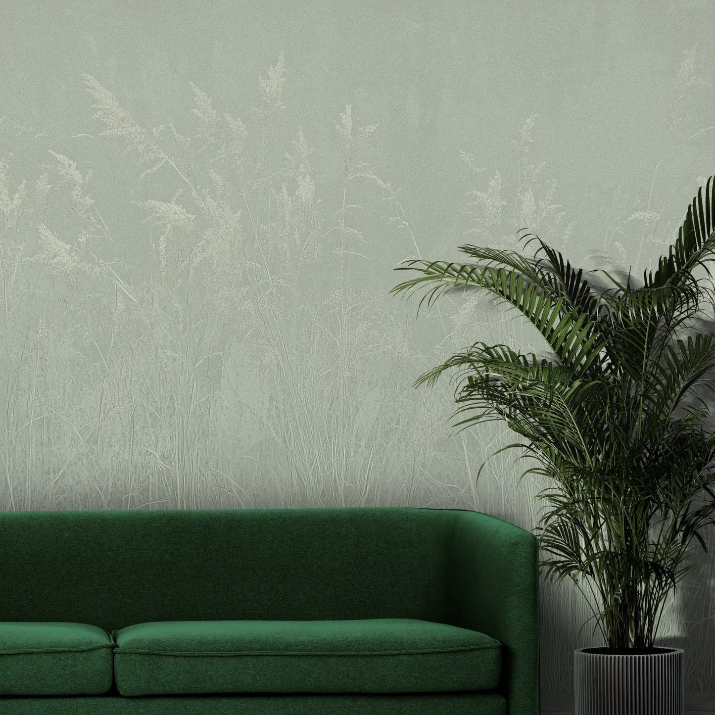 Fototapeta SILENT SHORE - tapeta z mglistą trawą w szarej tonacji pokazana w aranżacji wnętrza z akcentem na ścianie.
