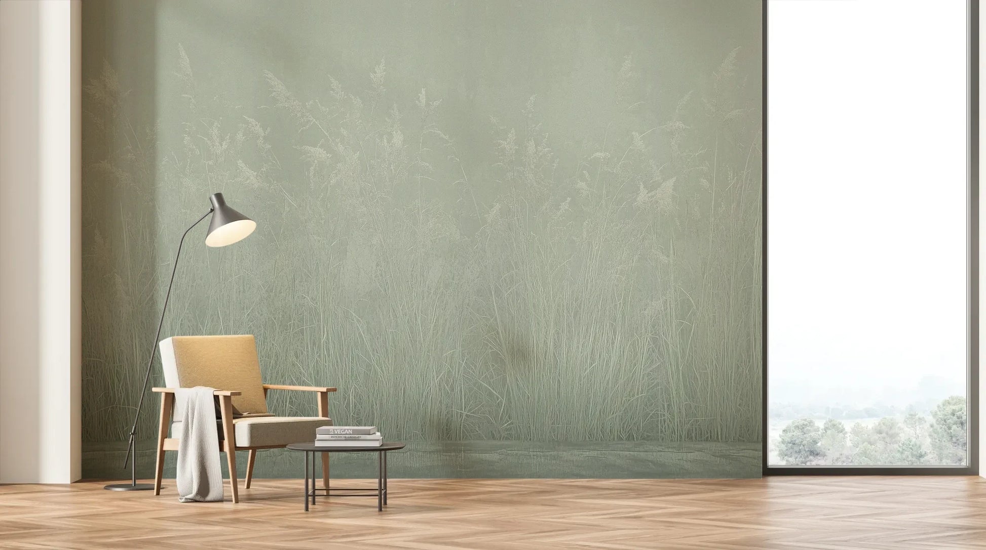 Wzór fototapety SILENT SHORE - tapeta z mglistą trawą w szarej tonacji pokazanej w aranżacji salonu.