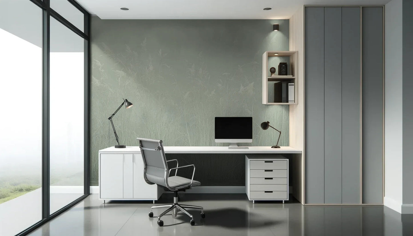 Fototapeta SILENT SHORE - tapeta z mglistą trawą w szarej tonacji pokazana w aranżacji biura.