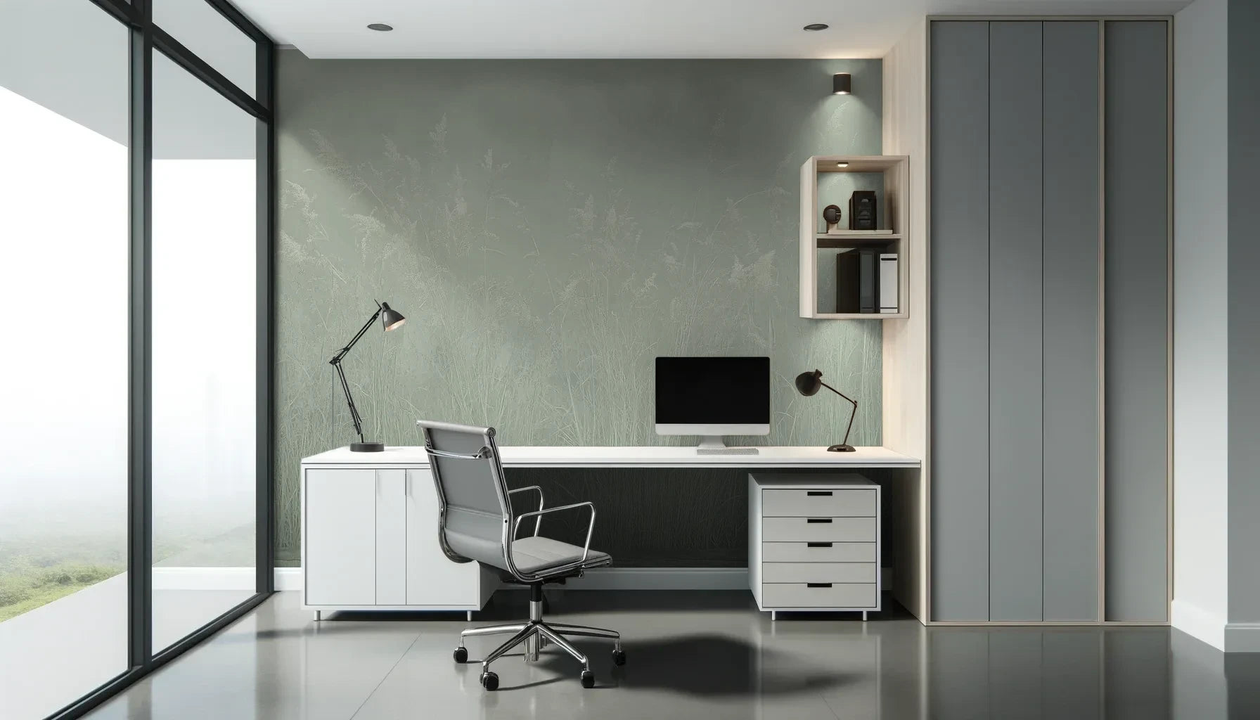 Fototapeta SILENT SHORE - tapeta z mglistą trawą w szarej tonacji pokazana w aranżacji biura.