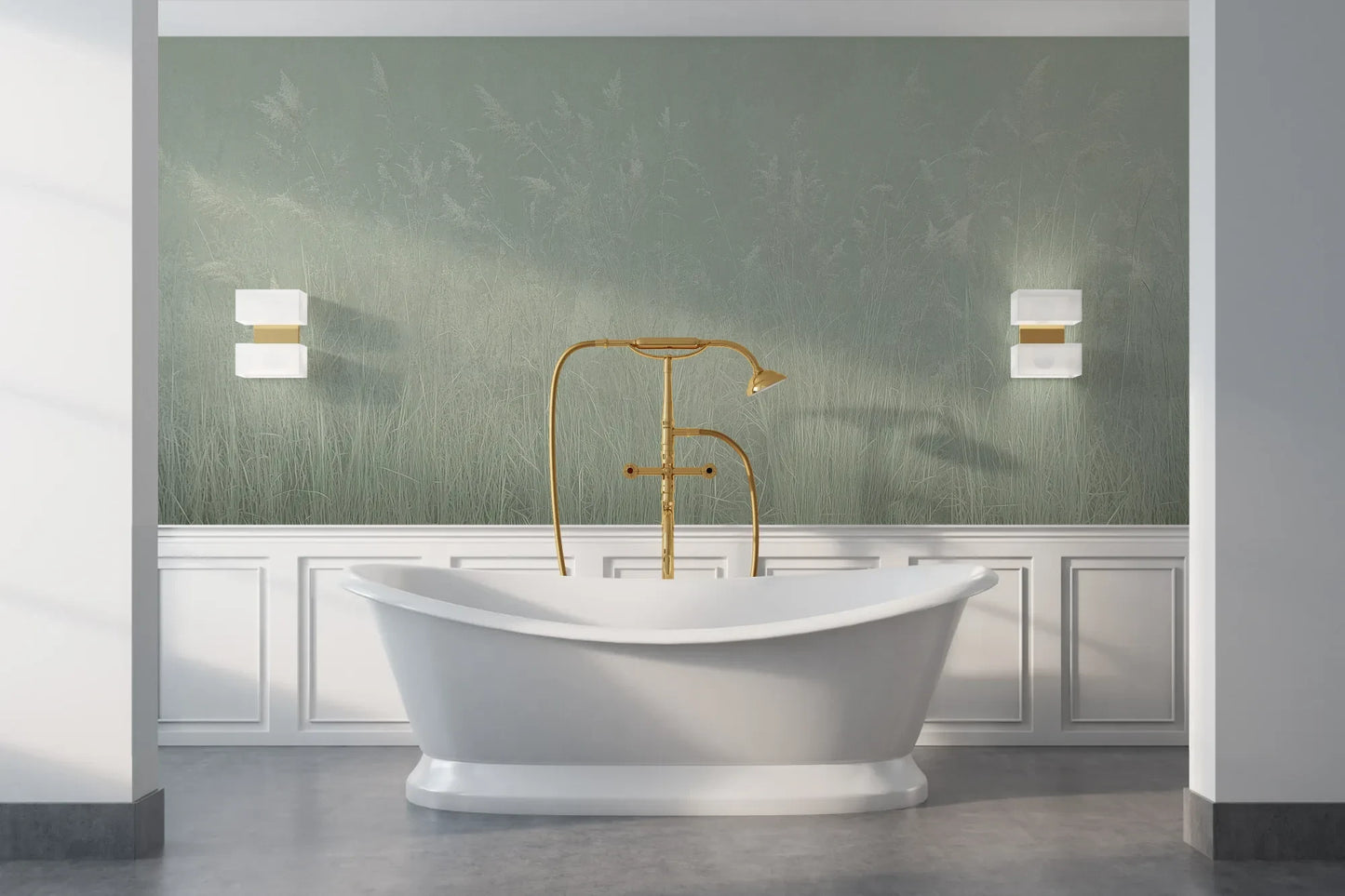 Wzór fototapety SILENT SHORE - tapeta z mglistą trawą w szarej tonacji pokazanej w aranżacji łazienki.