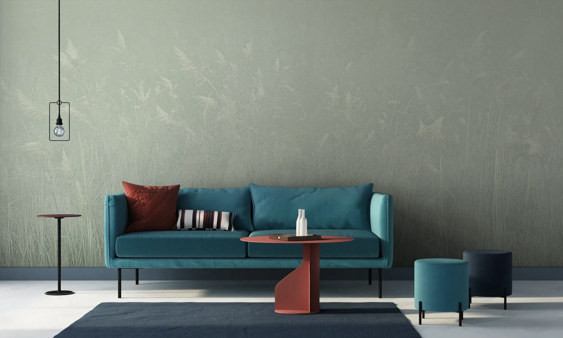 Wzór fototapety SILENT SHORE - tapeta z mglistą trawą w szarej tonacji pokazanej w aranżacji salonu.