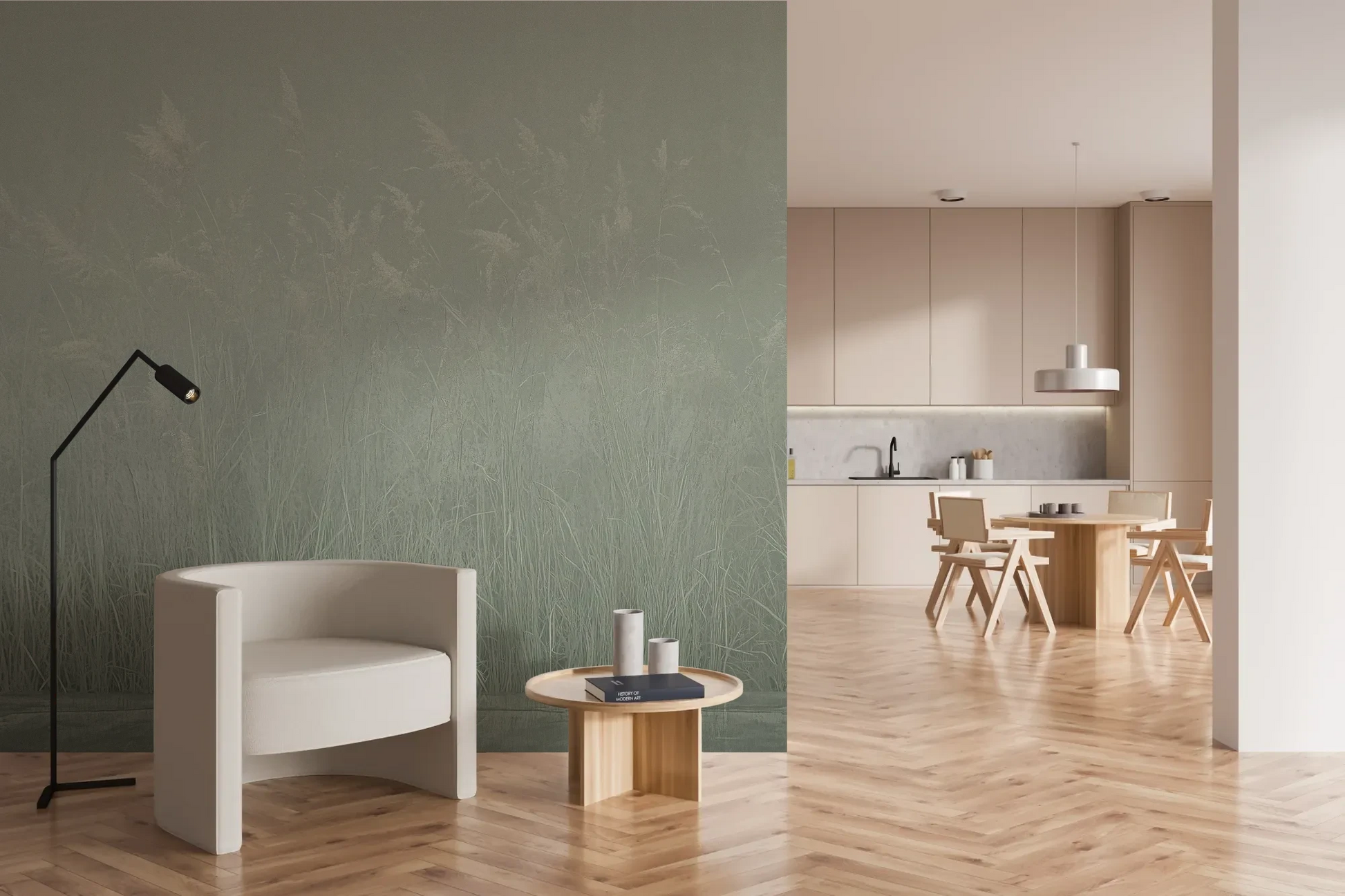 Wzór fototapety SILENT SHORE - tapeta z mglistą trawą w szarej tonacji pokazanej w aranżacji kuchni.