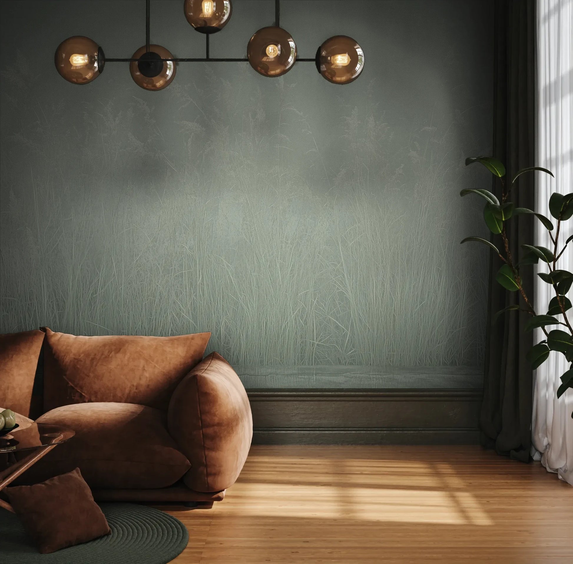Fototapeta SILENT SHORE - tapeta z mglistą trawą w szarej tonacji pokazana w aranżacji wnętrza z akcentem na ścianie.