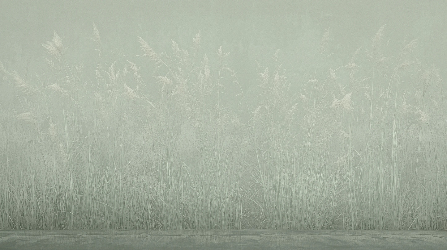Prezentacja całego wzoru fototapety o nazwie SILENT SHORE - tapeta z mglistą trawą w szarej tonacji