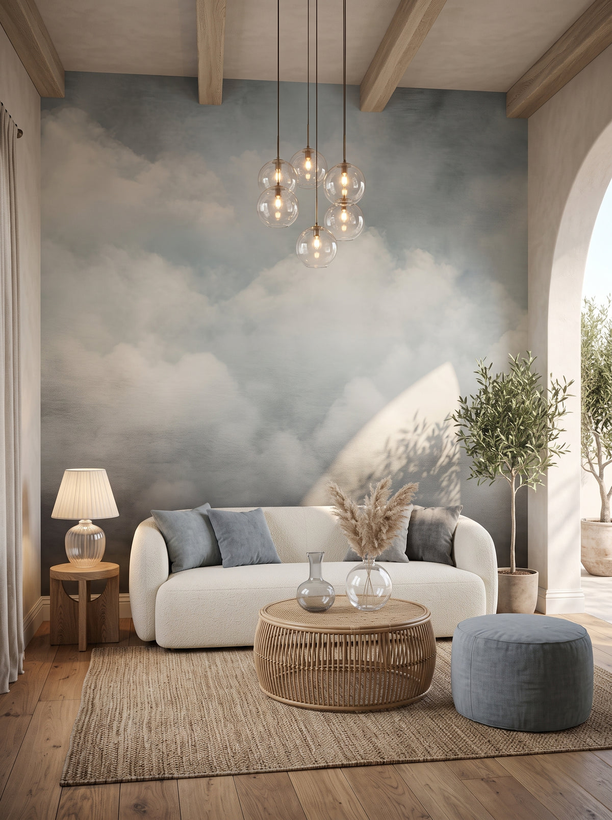 Fototapeta artystyczna o nazwie SOFT CLOUDS REPOSE w aranżacji wnętrza: salon w wyrafinowanym stylu boho z łukowym wyjściem na taras.
