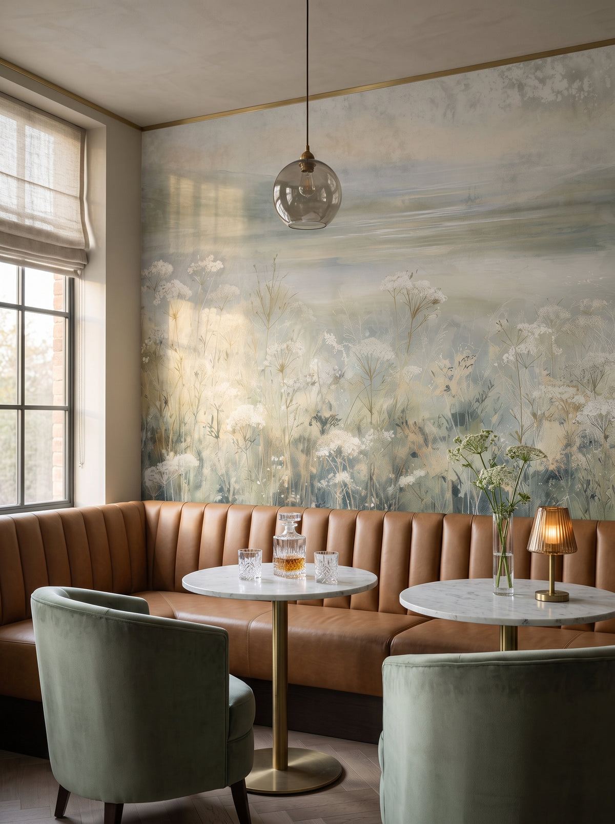 Fototapeta artystyczna o nazwie COASTAL WHISPERS w aranżacji wnętrza: bar lounge w butikowym hotelu.