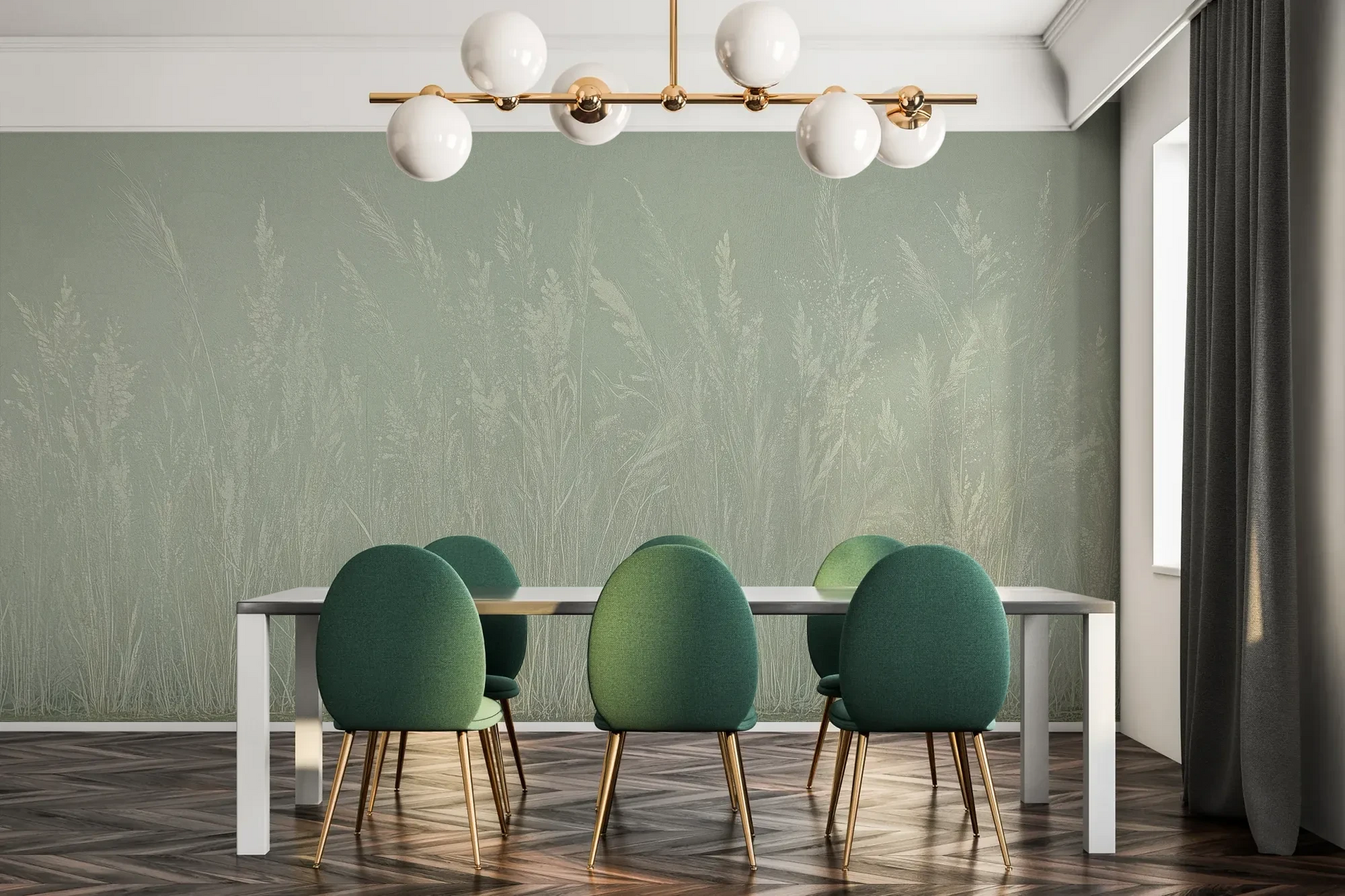 Fototapeta MEADOW REVERIE - tapeta z delikatnym wzorem traw na seledynowym tle pokazana w aranżacji jadalni.