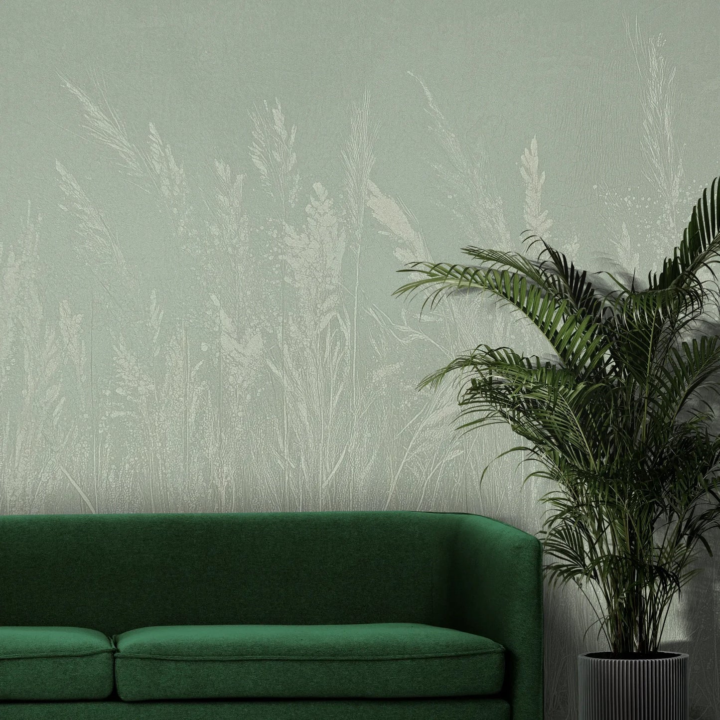 Fototapeta MEADOW REVERIE - tapeta z delikatnym wzorem traw na seledynowym tle pokazana w aranżacji wnętrza z akcentem na ścianie.