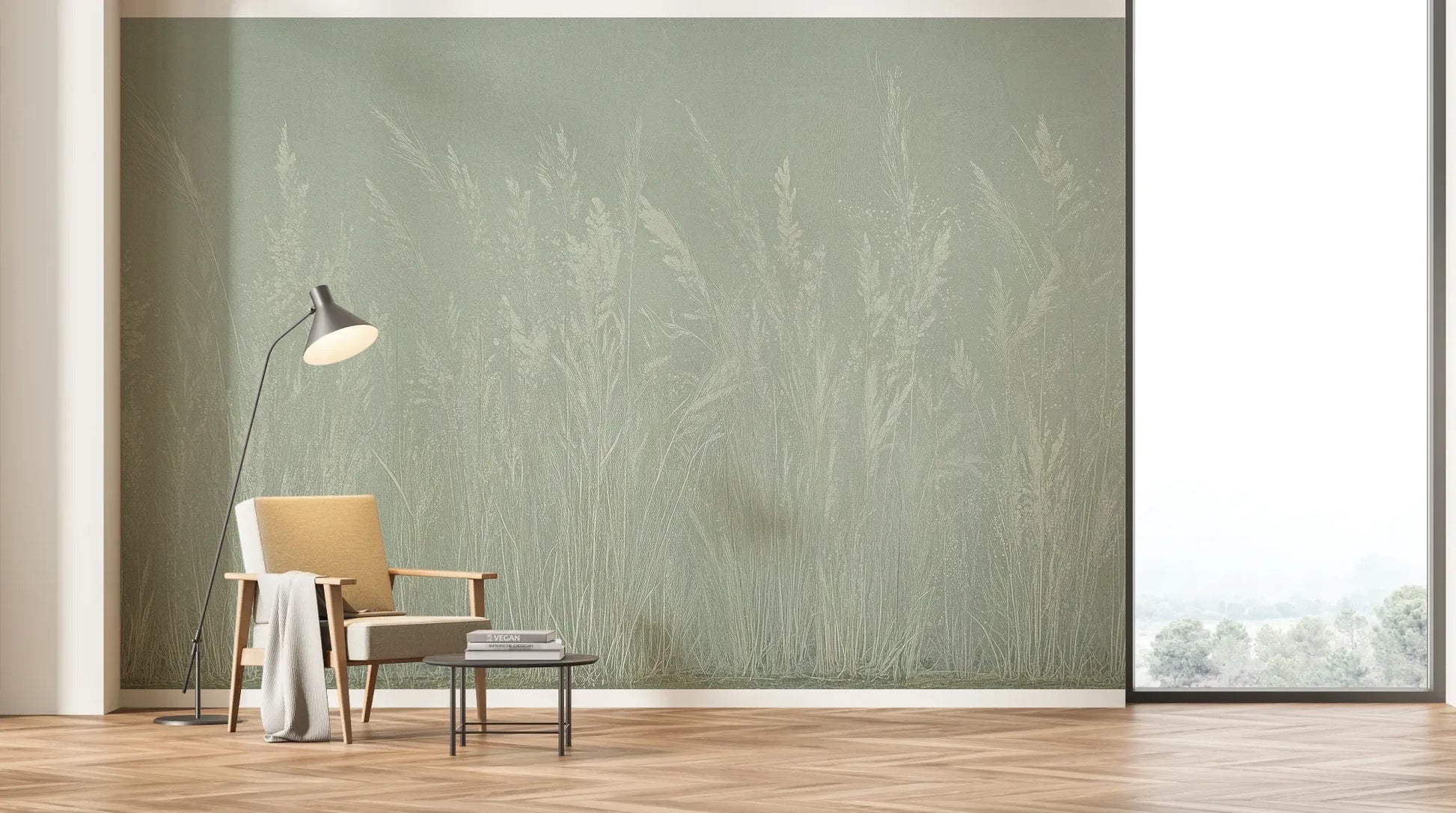 Wzór fototapety MEADOW REVERIE - tapeta z delikatnym wzorem traw na seledynowym tle pokazanej w aranżacji salonu.