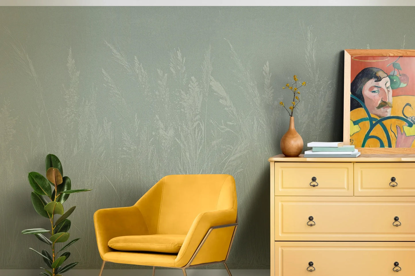 Wzór fototapety MEADOW REVERIE - tapeta z delikatnym wzorem traw na seledynowym tle pokazanej w aranżacji salonu.