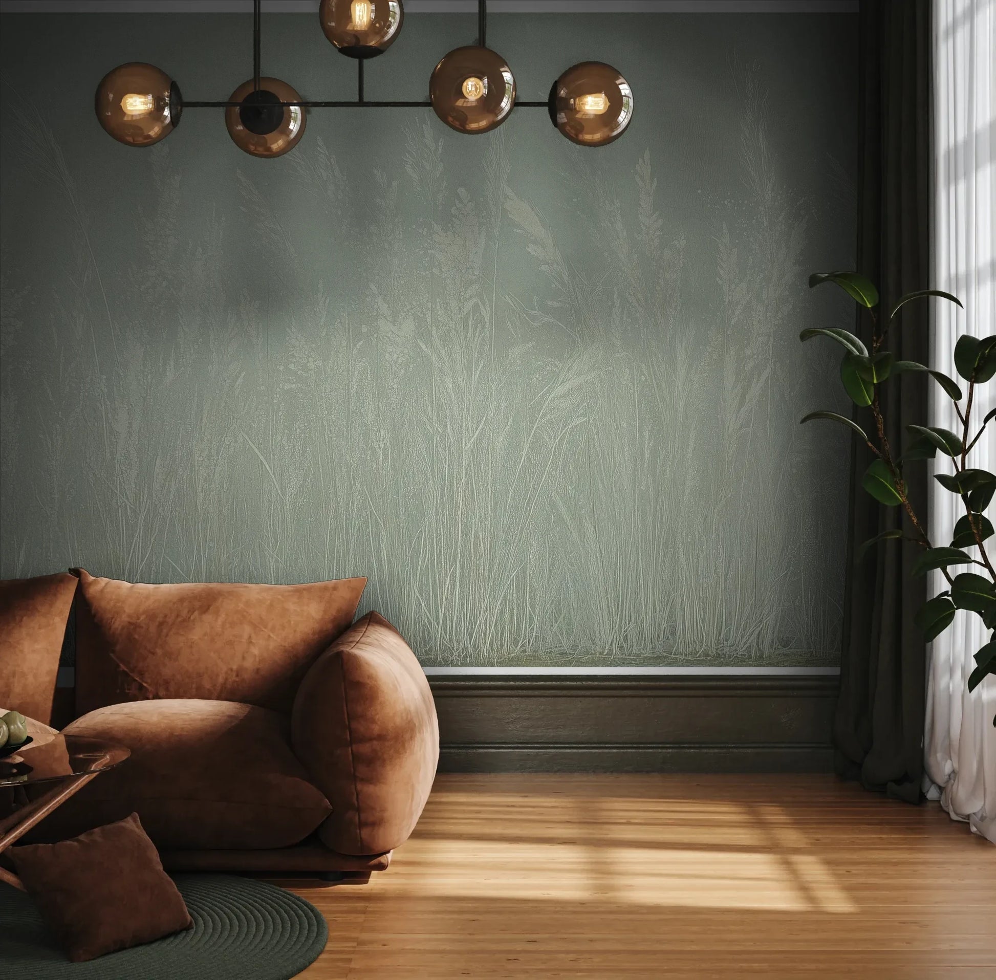 Fototapeta MEADOW REVERIE - tapeta z delikatnym wzorem traw na seledynowym tle pokazana w aranżacji wnętrza z akcentem na ścianie.