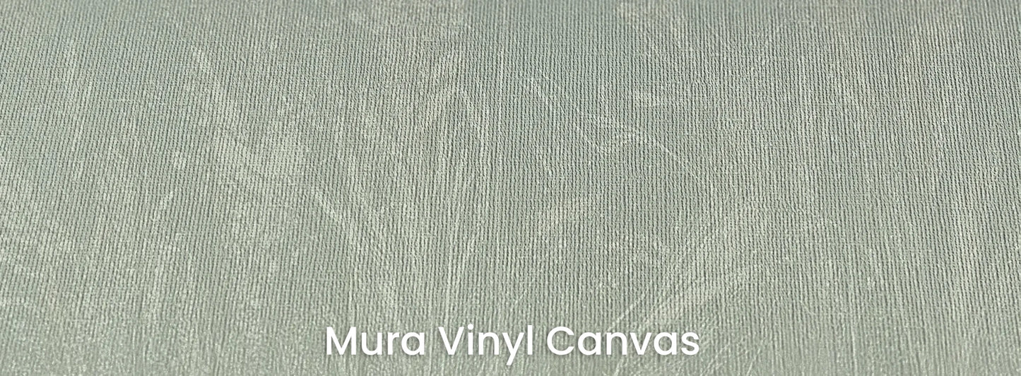 Zbliżenie na fototapetę MEADOW REVERIE - tapeta z delikatnym wzorem traw na seledynowym tle na podłożu o fakturze płótna.