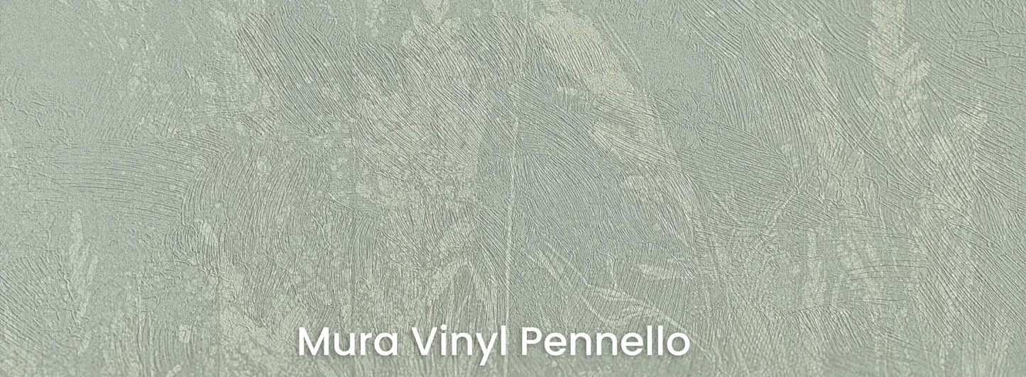 Zbliżenie na fototapetę MEADOW REVERIE - tapeta z delikatnym wzorem traw na seledynowym tle na podłożu o fakturze pociągnięć pędzla.