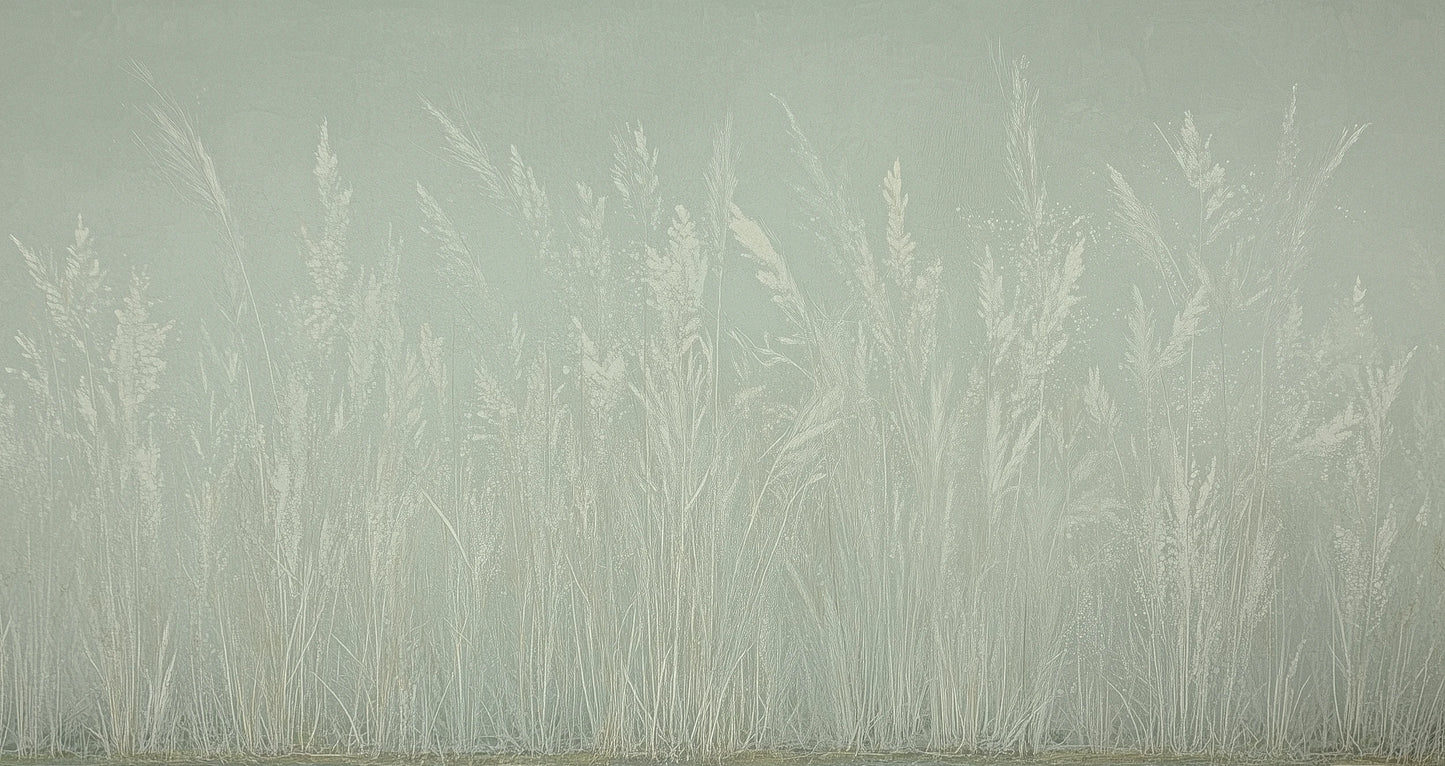 Prezentacja całego wzoru fototapety o nazwie MEADOW REVERIE - tapeta z delikatnym wzorem traw na seledynowym tle