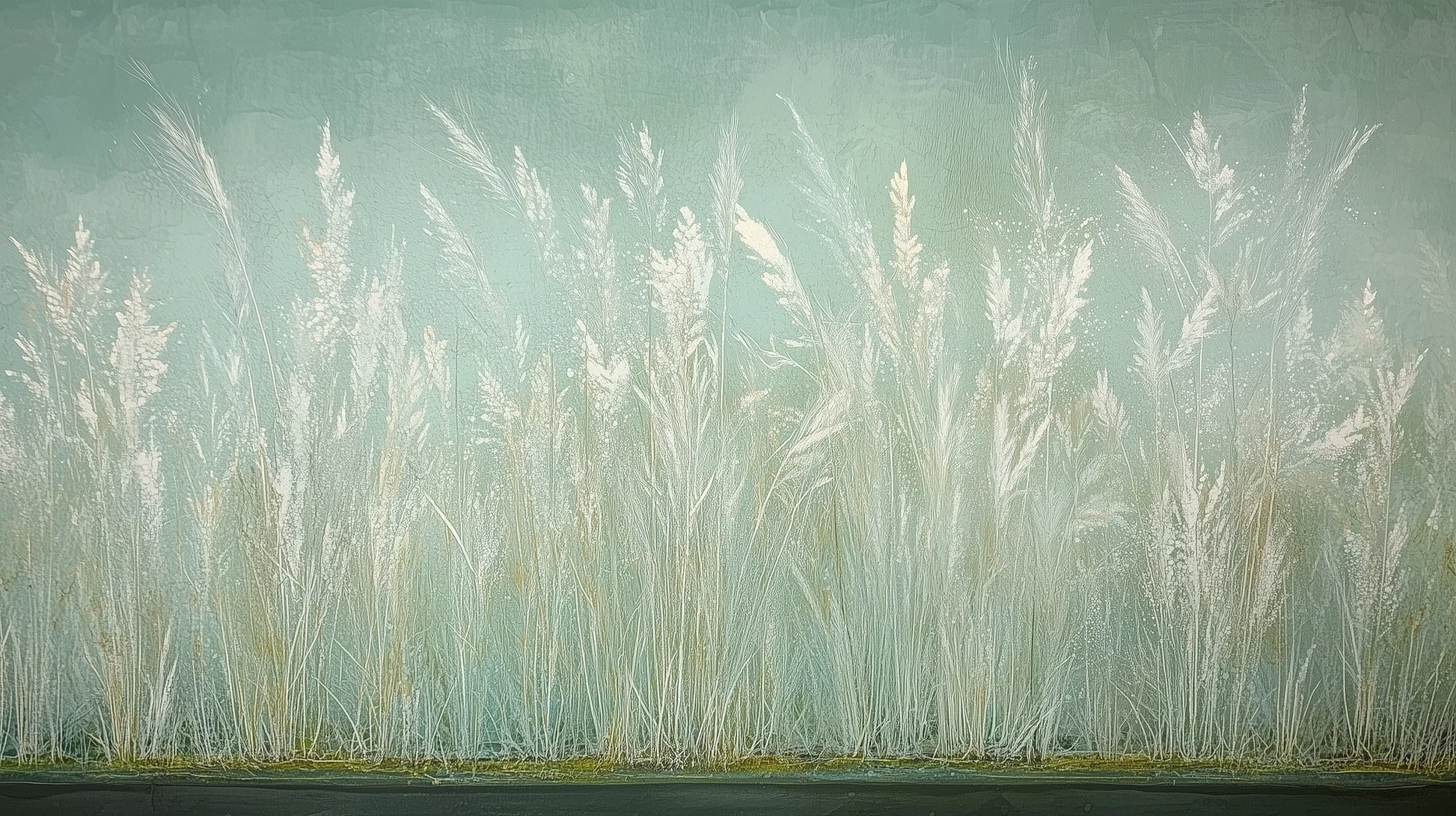 Prezentacja całego wzoru fototapety o nazwie REED VERSES - tapeta z delikatnymi trawami na miętowym tle