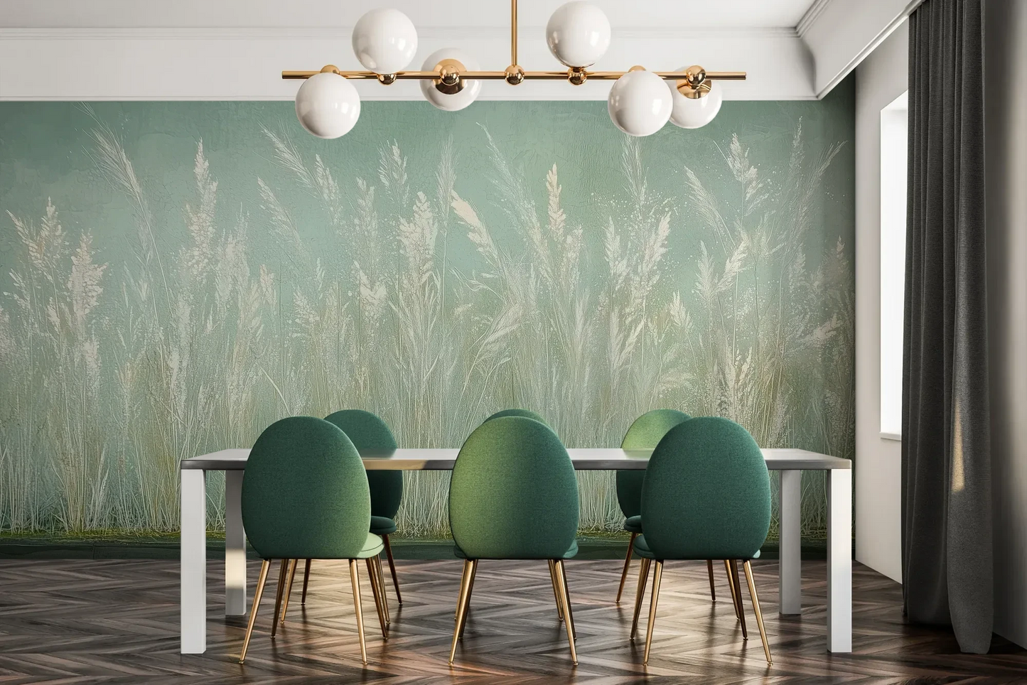 Fototapeta REED VERSES - tapeta z delikatnymi trawami na miętowym tle pokazana w aranżacji jadalni.
