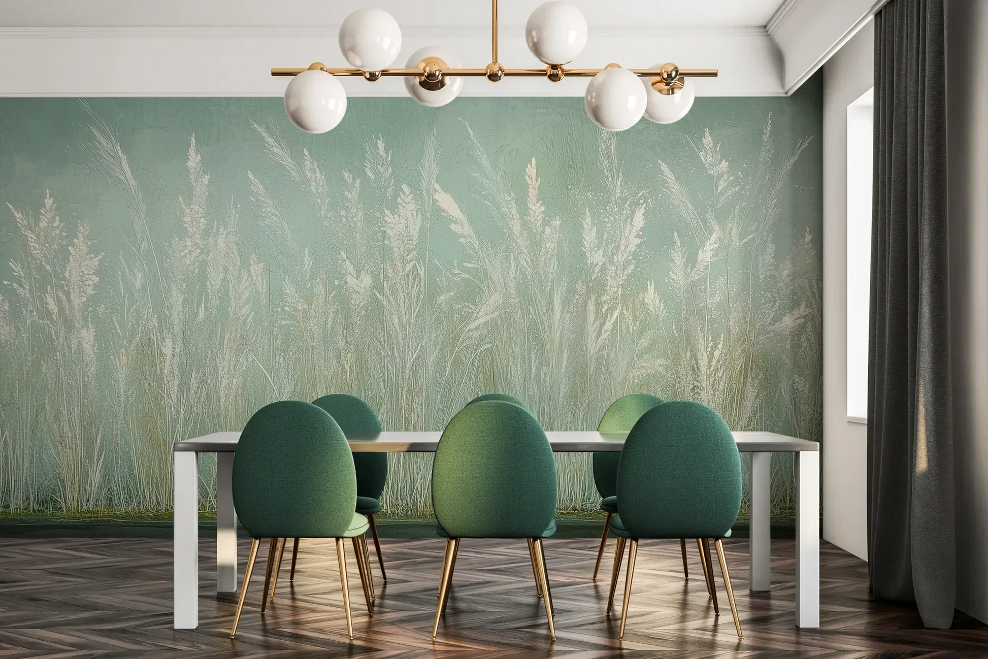 Fototapeta REED VERSES - tapeta z delikatnymi trawami na miętowym tle pokazana w aranżacji jadalni.