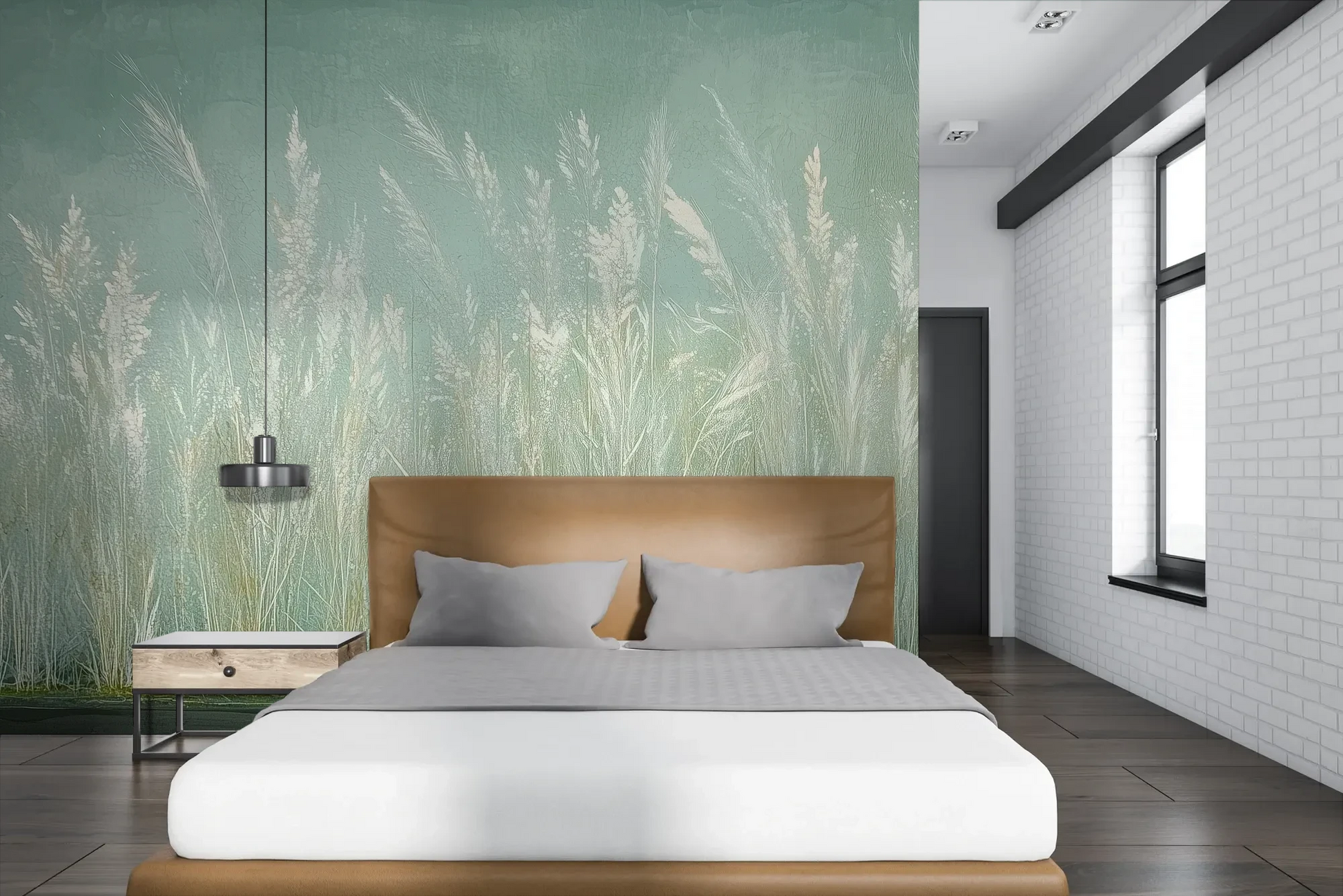 Wzór fototapety REED VERSES - tapeta z delikatnymi trawami na miętowym tle pokazanej w aranżacji sypialni.