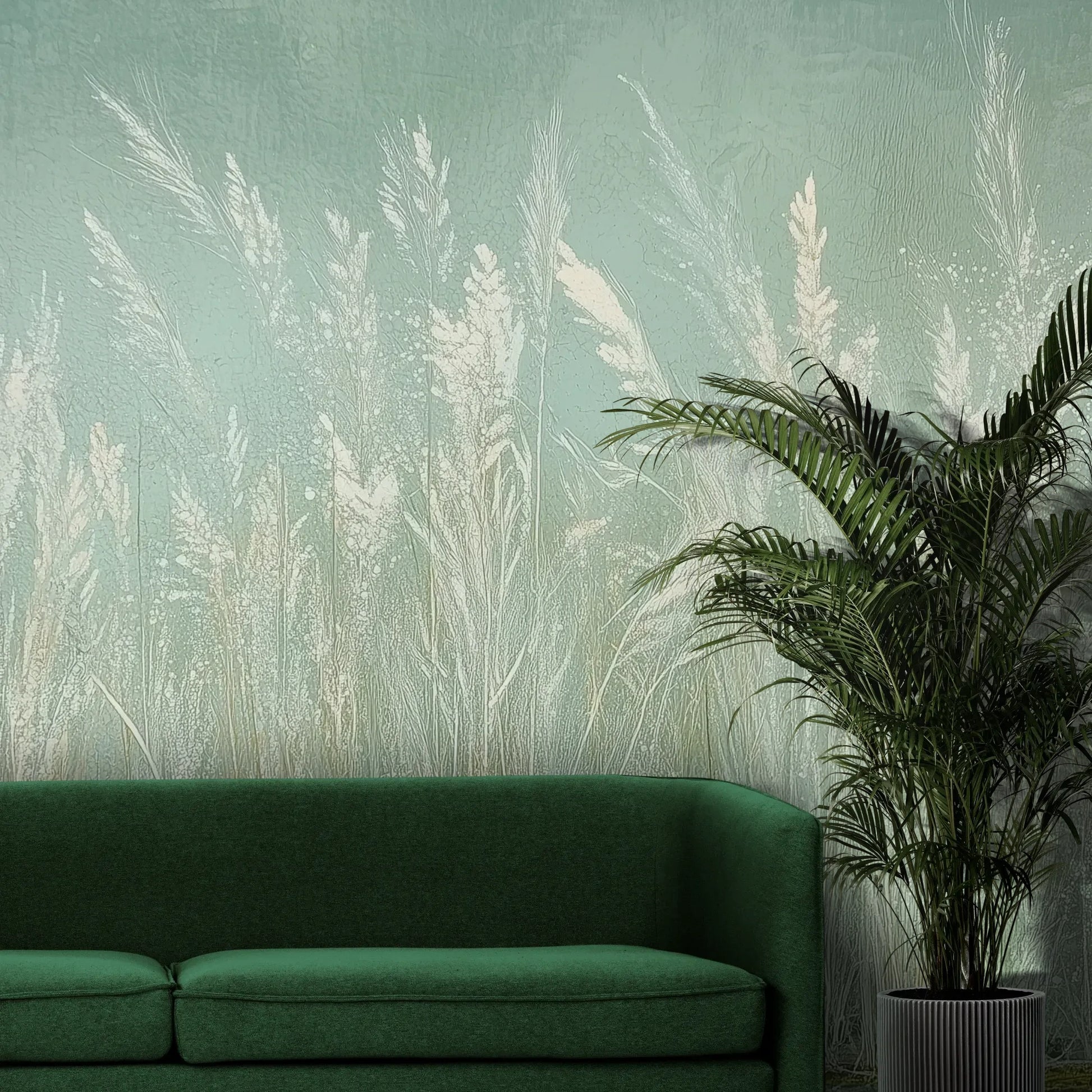 Fototapeta REED VERSES - tapeta z delikatnymi trawami na miętowym tle pokazana w aranżacji wnętrza z akcentem na ścianie.